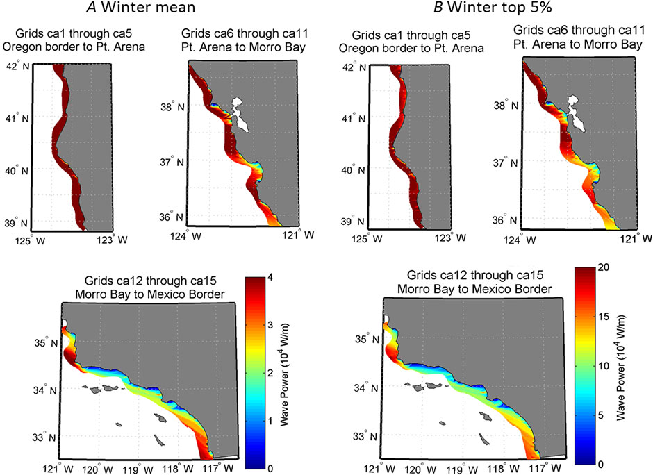 Figure 3, maps showing winter wave power along the inner margin of the California shelf.