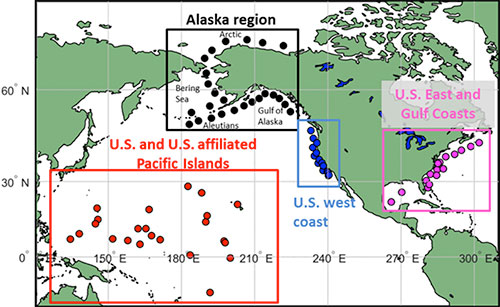 Figure 1, map of the world showing model output locations along U.S. coasts and U.S. and U.S. affliated Pacific Islands.