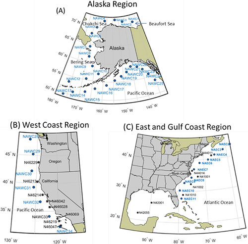 Figure 2, three maps showing regional model output locations for Alaska, West Coast, and East and Gulf Coast Regions.